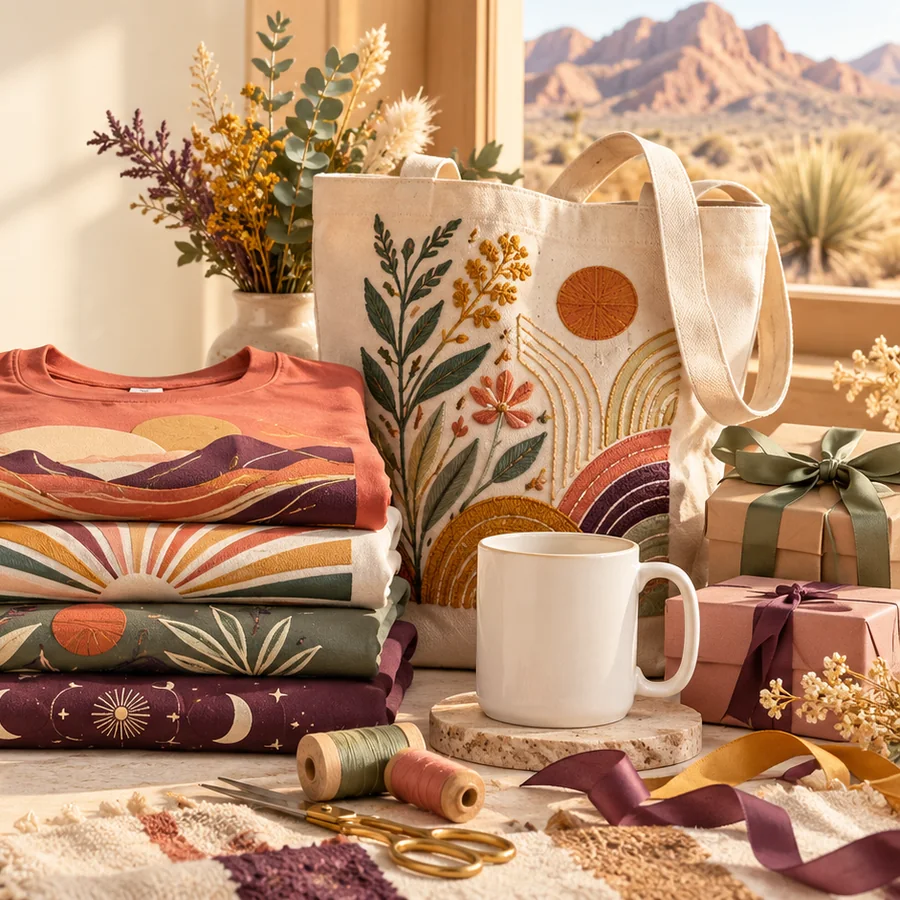 Colorful apparel and gift items in a warm studio